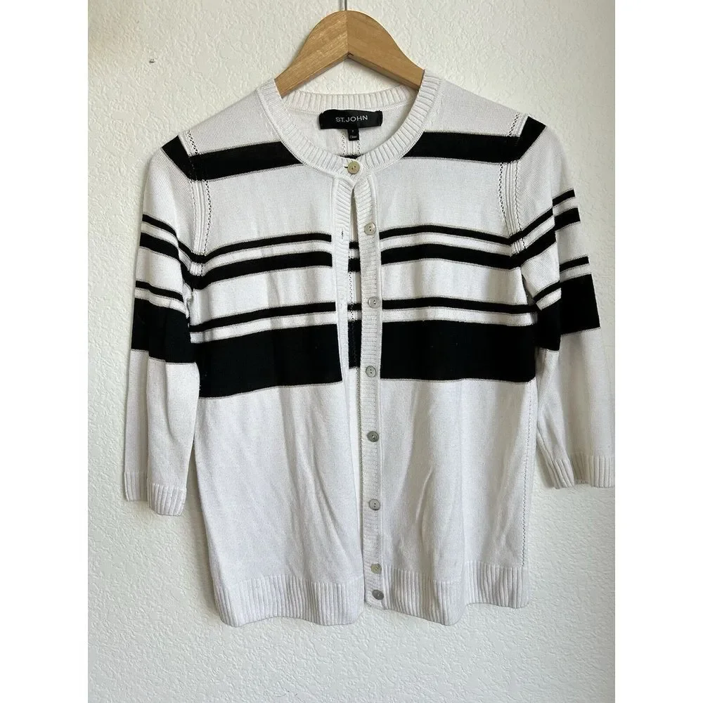 St. John Striped‎ Button Cardigan Sweater White/Black Size S (P) Cashmere Blend